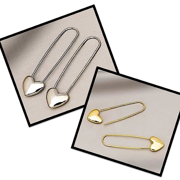 Heart Safety Pin Gold Sterling Silver Earrings Set - Picture 1 of 11